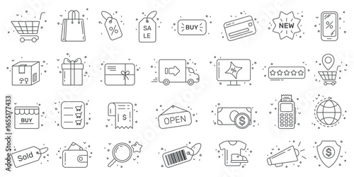 Hand drawn e-commerce shopping doodle icons including cart, bag, sale, delivery, payment, and online store elements, ideal for digital commerce projects, isolated white background vector illustration