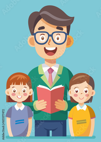 Teacher with glasses enthusiastically reading a welcome message to engaged students, creating a lively classroom atmosphere filled with excitement and learning opportunities