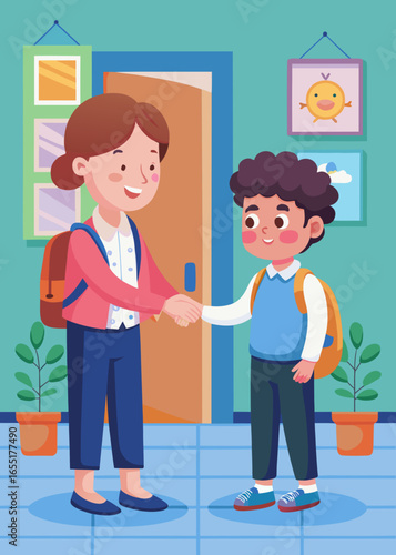 Teacher and student shaking hands in a colorful classroom with decorative elements, showcasing a warm educational environment and positive interaction between mentor and learner