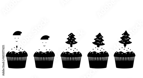 Row of black and white Christmas cupcakes with minimalist Santa and tree toppers.