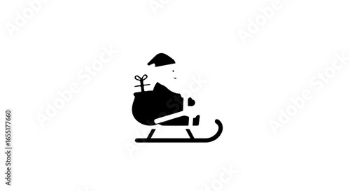 Santa Claus in a sleigh with a gift sack a simple black silhouette Christmas icon.