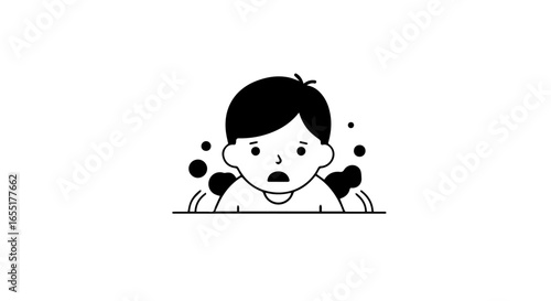 Scared cartoon boy with a worried expression trembling in a simple black and white line art illustration.