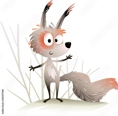 Cute Cartoon Squirrel Standing in a Forest with a Curious Expression. Funny fluffy squirrel character for children. Hand drawn vector illustration for kids in watercolor style.