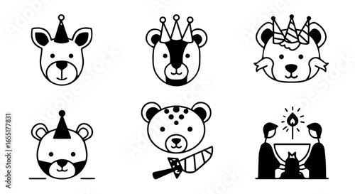 Set of black and white birthday party icons featuring cute animal faces with hats crowns and a celebration candle.