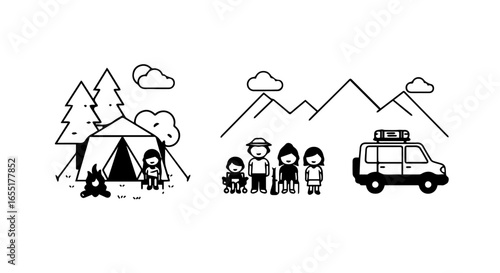 Set of black and white line art icons depicting a family camping trip and mountain vacation.