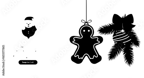 Set of black Christmas holiday icons featuring Santa a gingerbread man and a decorated pine branch.