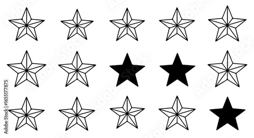 Set of black fivepointed stars including solid silhouettes and geometric faceted outline icons.
