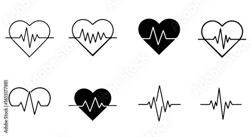 Set of black heartbeat line icons including heartshaped cardiograms and pulse wave graphics.