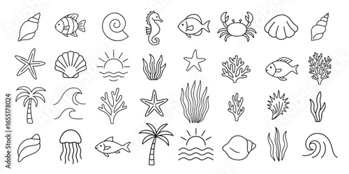 Hand-drawn sea life doodle set with shells, fish, palm trees, waves, sun, and marine elements in minimalist linear style, isolated on white background vector illustration