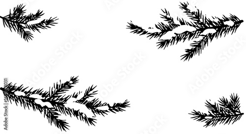 Set of graphic snowcovered pine branches in a black silhouette style.