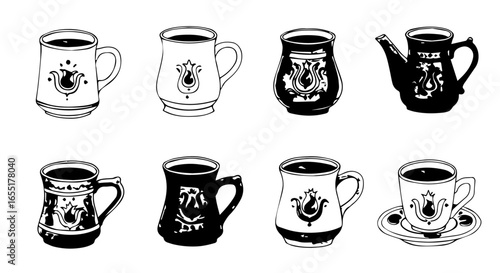 Set of handdrawn black and white mugs cups and a teapot with traditional folk art tulip motifs.