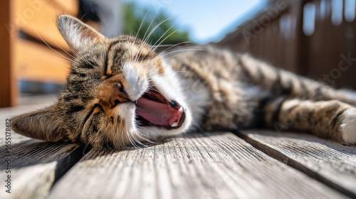 A striped domestic cat stretches and yawns contentedly while lying on a wooden terrace floor, basking in calm surroundings