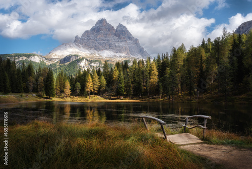 Beautiful view of Lake Antorno with the mountains Tre Cime in the background, Dolomites, Italy.