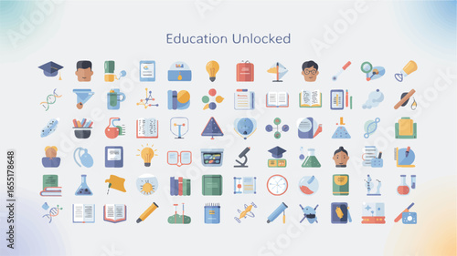 Education Unlocked A Diverse Collection of Educational Icons Representing Science and Learning Concepts in a Flat Design Style