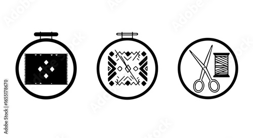 Set of three black and white minimalist icons for sewing embroidery and needlework crafts.