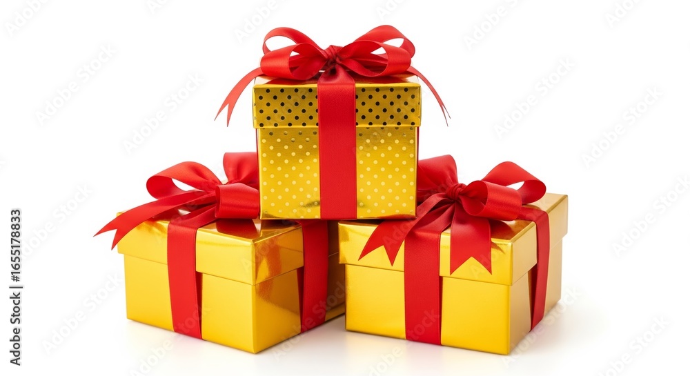 Obraz premium Golden Gifts Stacked: A festive arrangement of golden gift boxes, each adorned with a vibrant red ribbon, arranged in a visually pleasing stack.