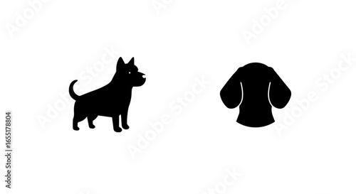 Set of two black dog silhouettes a standing terrier and a floppyeared dog head icon.