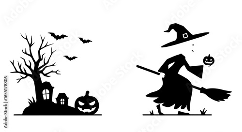 Set of two black Halloween silhouettes a walking witch with a pumpkin and a spooky scene with a haunted house.