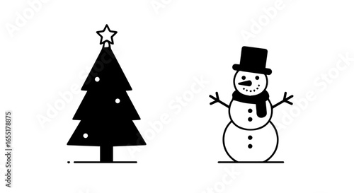 Simple black and white Christmas icons featuring a silhouette tree and a line art snowman.
