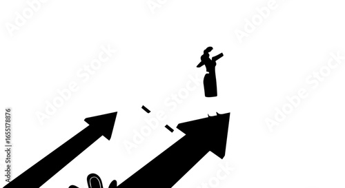 Silhouette of a Woman Standing on Arrow, Reaching Upward, Success Concept