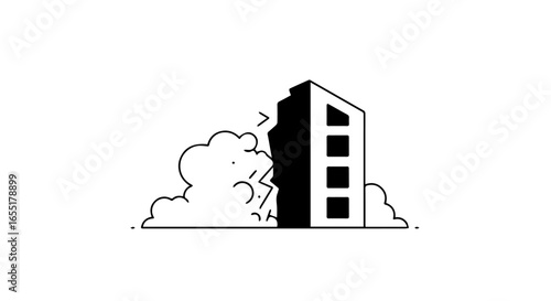 Simple black and white line art icon of a building collapsing amidst a cloud of dust and debris.
