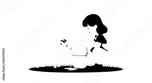Simple black and white silhouette of a young girl with a bob haircut kneeling in the grass and looking down at something in her cupped hands.