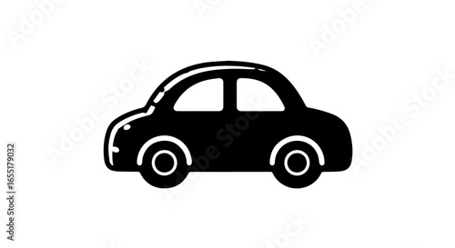 Simple black handdrawn car icon with a rounded cartoonish silhouette and white line art details.