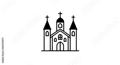 Simple black line art icon of a Christian church with three towers each topped with a cross.
