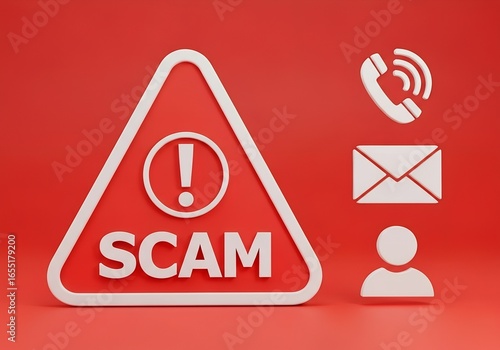Scam Alert Warning Sign with Phone, Email, and Identity Icons
