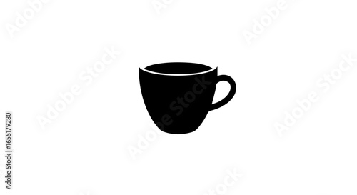 Simple black silhouette icon of a coffee cup with a curved body and handle a minimalist graphic design.
