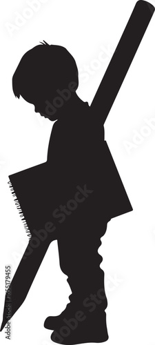 Child writing with large pencil and notebook learning education