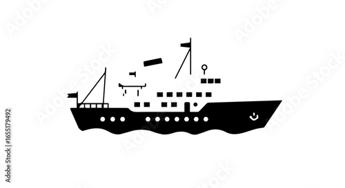 Simple black silhouette icon of a multideck ocean liner or ferry boat with masts and flags.