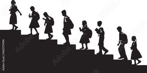 Children ascending stairs carrying backpacks and books school education