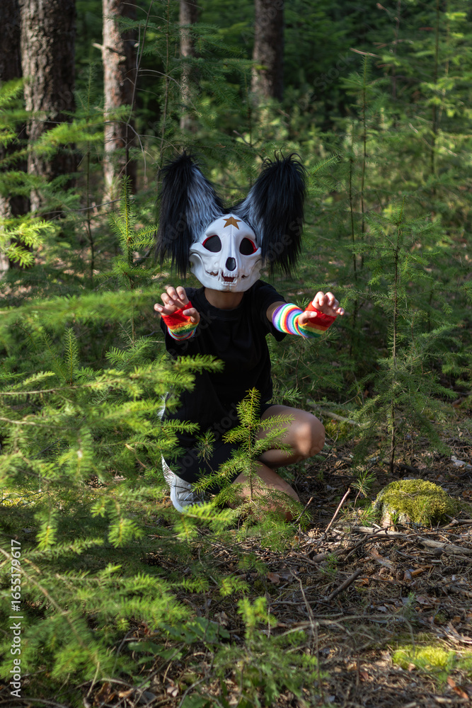Fototapeta premium A quadrobing character sits among young fir trees in the forest, raising both paws as if showing claws and preparing to pounce. The fantasy costume includes a skull-like mask with black ears