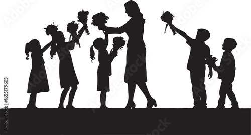 Children gifting flowers to a woman silhouette bouquets