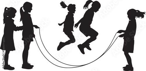 Children jumping rope black silhouettes girls skipping