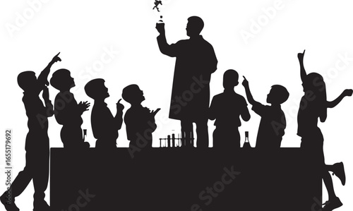 Children observing scientist experiment with flask laboratory