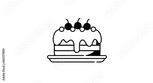 Simple line art icon of a twolayer cake with dripping frosting and three cherries on top.