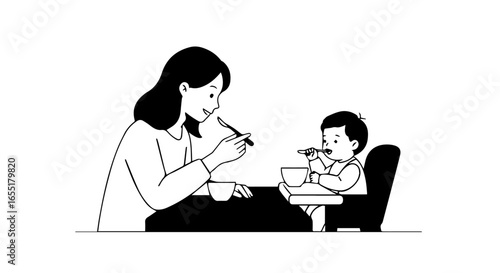 Simple line art illustration of a smiling mother feeding her baby in a high chair.