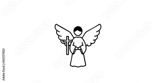 Simple line art icon of a Christian angel with wings holding a religious cross.