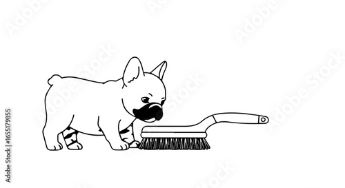 Simple line art of a curious French bulldog puppy with a dark muzzle sniffing a longhandled bristle brush.