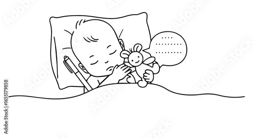 Simple line drawing of a baby sleeping peacefully hugging a toy mouse and dreaming.