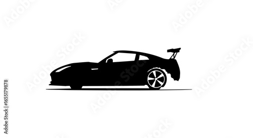 Sleek black silhouette of a modern sports car with a large rear spoiler depicted in a dynamic side profile view.