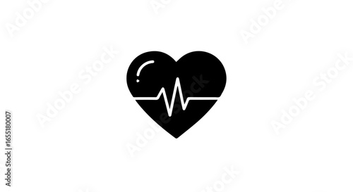 Solid black heart icon with a white electrocardiogram pulse line a simple health and medical symbol.