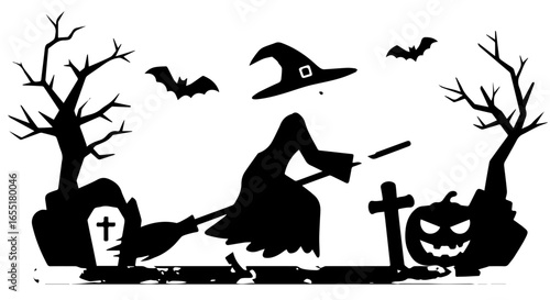 Spooky Halloween silhouette illustration of a witch flying over a graveyard with bats trees and a jackolantern.