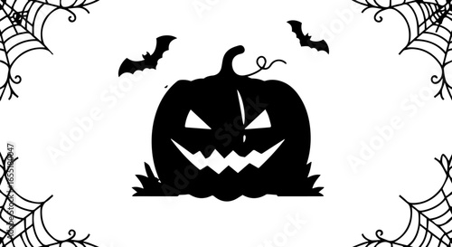 Spooky Halloween silhouette of a scary jackolantern with flying bats and corner spiderwebs.