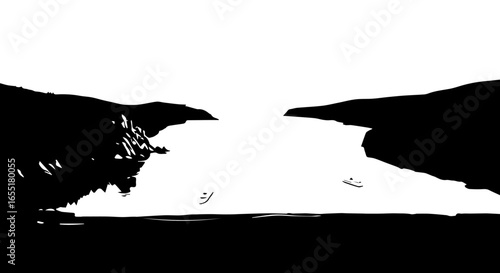 Stark black and white graphic illustration of a coastal inlet with silhouetted cliffs and two small boats on the water.