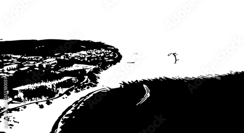 Stark black and white graphic illustration of a rugged coastline with a solitary bird flying over the sea.