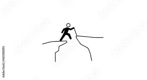 Stick figure pictogram reaching across a chasm a minimalist icon of overcoming obstacles and bridging a gap.