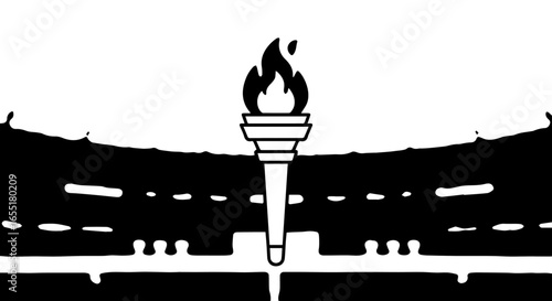 Stylized black and white graphic illustration of a flaming torch with a tiered handle.